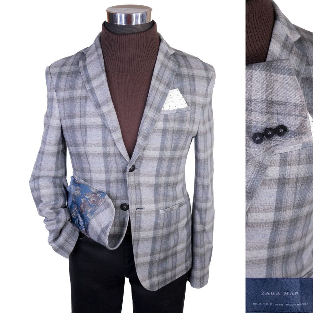 Zara Blazer Mens Sz 36 Plaid 2-Button Sport Coat Jacket Blazer 100% Cotton